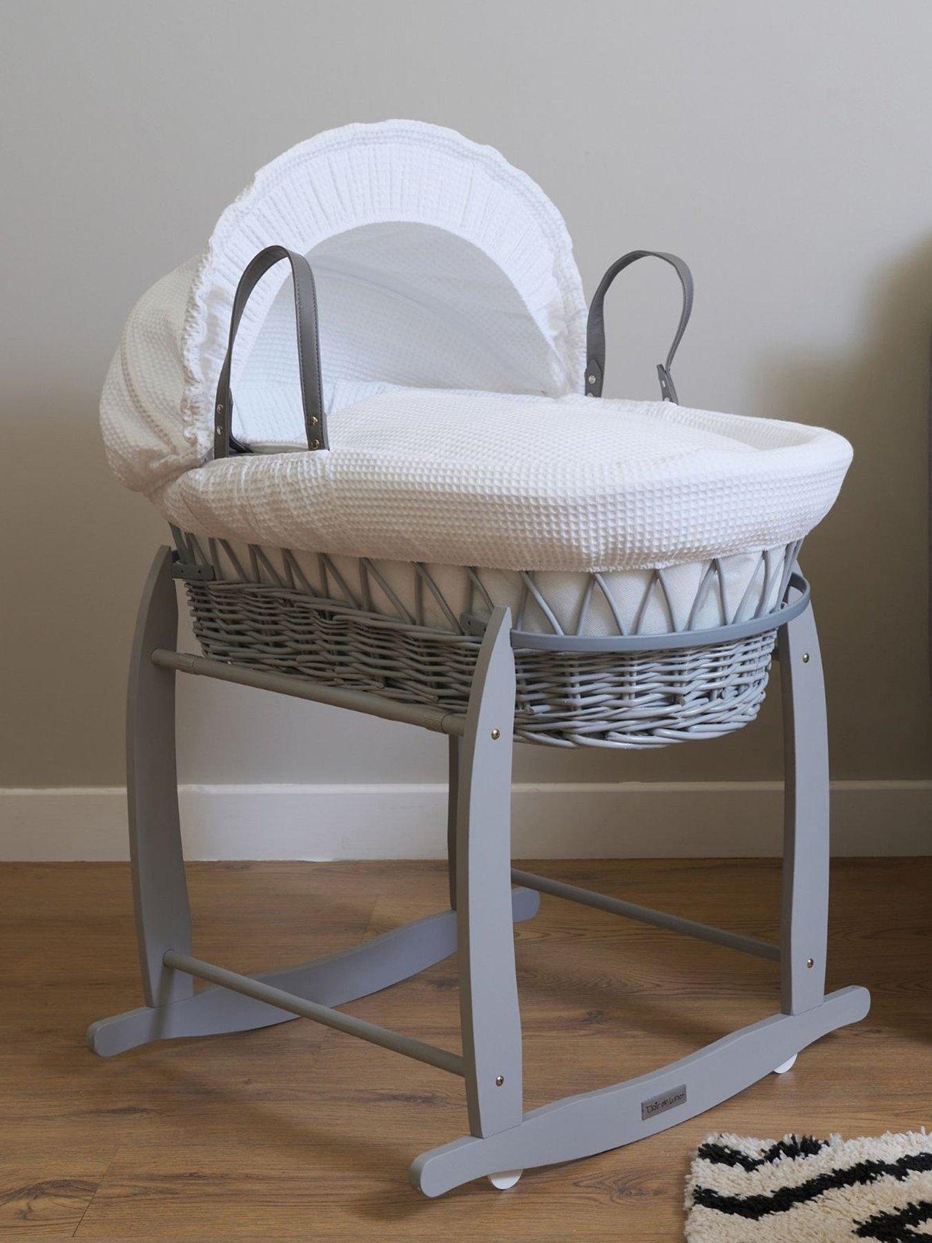 Clair De Lune Waffle Grey Wicker Moses Basket and Deluxe Rocking Stand - White