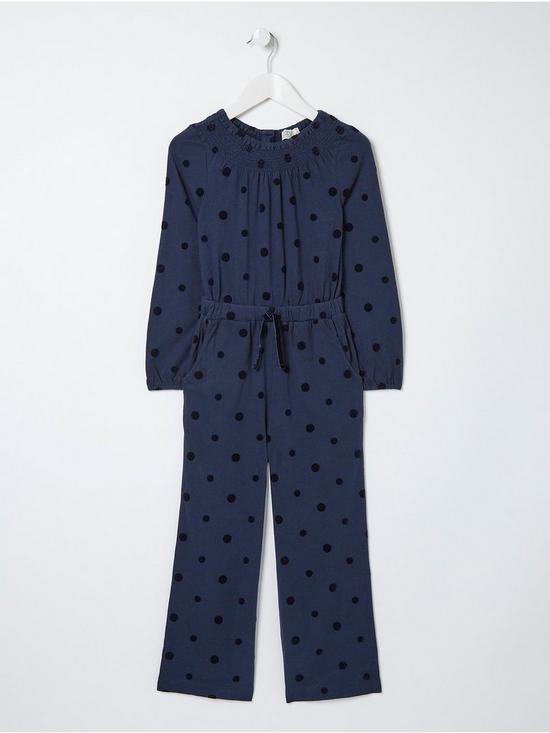 front image of fatface-girls-spot-jersey-jumpsuit-navy