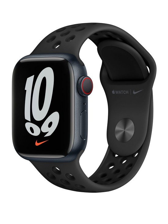 front image of apple-watch-nike-series-7-gps-cellular-41mm-midnight-aluminium-case-with-anthraciteblack-nike-sport-band