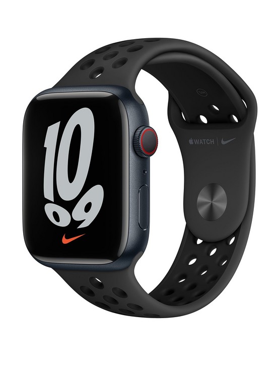 front image of apple-watch-nike-series-7-gps-cellular-45mm-midnight-aluminium-case-with-anthraciteblack-nike-sport-band