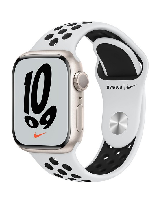 front image of apple-watch-nike-series-7-gps-41mm-starlight-aluminium-case-with-pure-platinumblack-nike-sport-bandnbsp