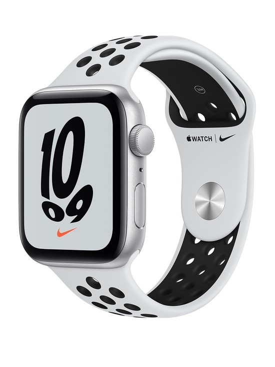 front image of apple-watch-nike-se-gps-44mm-silver-aluminium-case-with-pure-platinumblack-nike-sport-band