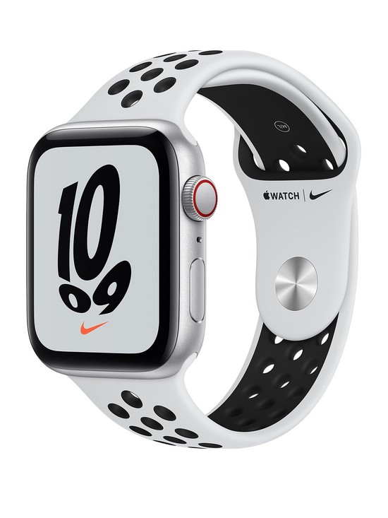 front image of apple-watch-nike-se-gps-cellular-44mm-silver-aluminium-case-with-pure-platinumblack-nike-sport-band