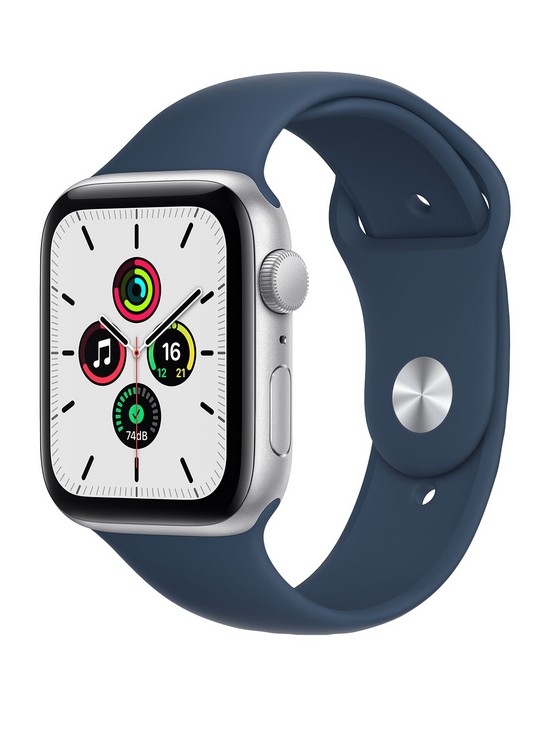 front image of apple-watch-se-gps-44mm-silver-aluminium-case-with-abyss-blue-sport-band