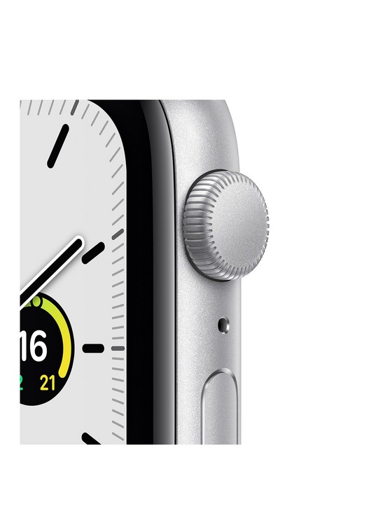 stillFront image of apple-watch-se-gps-44mm-silver-aluminium-case-with-abyss-blue-sport-band