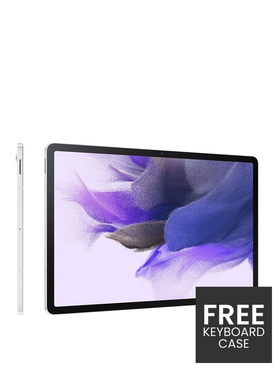 stillFront image of samsung-galaxy-tab-s7-fe-124in-tablet-128gb-wi-fi-silver-with-free-keyboard-case