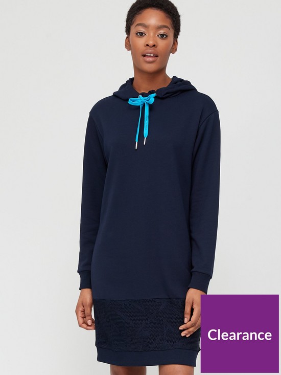 front image of armani-exchange-organic-cotton-knit-detail-hoodie-dress-navy