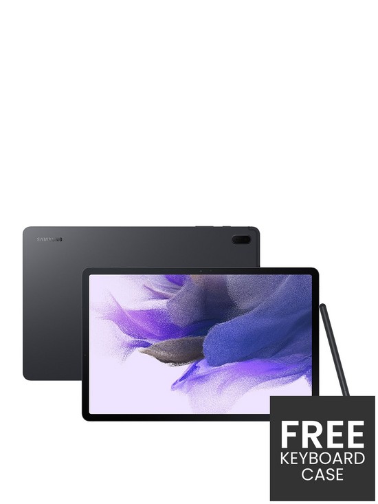 front image of samsung-galaxy-tab-s7-fe-124in-tablet-128gb-5g-black-with-free-keyboard-case