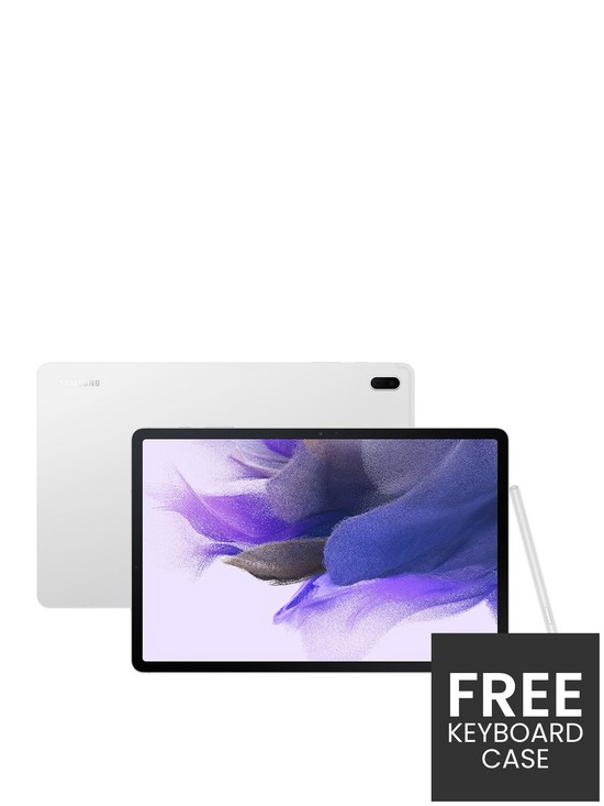 front image of samsung-galaxy-tab-s7-fe-124in-tablet-64gb-5g-silver-with-free-keyboard-case