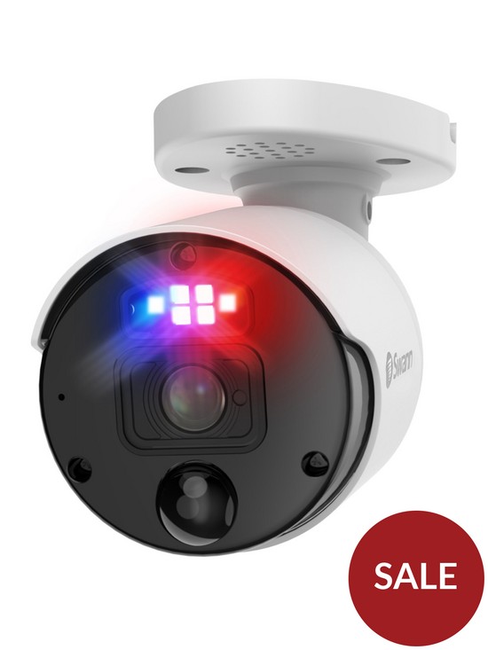 front image of swann-smart-security-4k-enforcer-bullet-cctv-camera-with-controllable-red-blue-flashing-lights-spotlights-sirens-swnhd-900be-eu