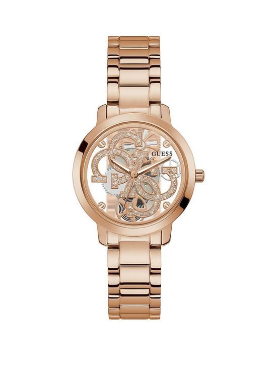 front image of guess-quattro-clear-stainless-steel-ladies-watch