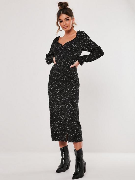 front image of missguided-button-thru-milkmaid-midi-dress-ditsy