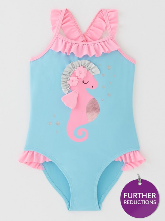front image of mini-v-by-very-girls-recycled-polyester-seahorse-swimsuit-blue