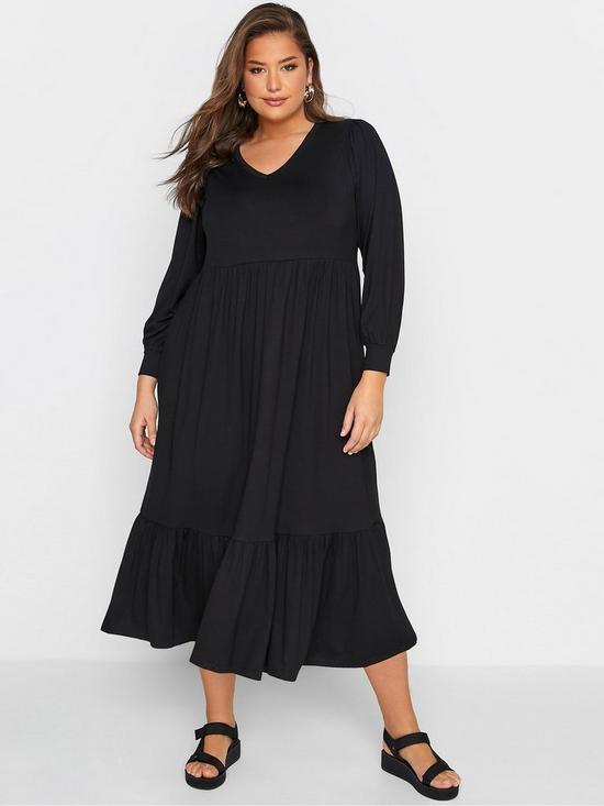 front image of yours-long-sleeve-tier-winter-dress-black