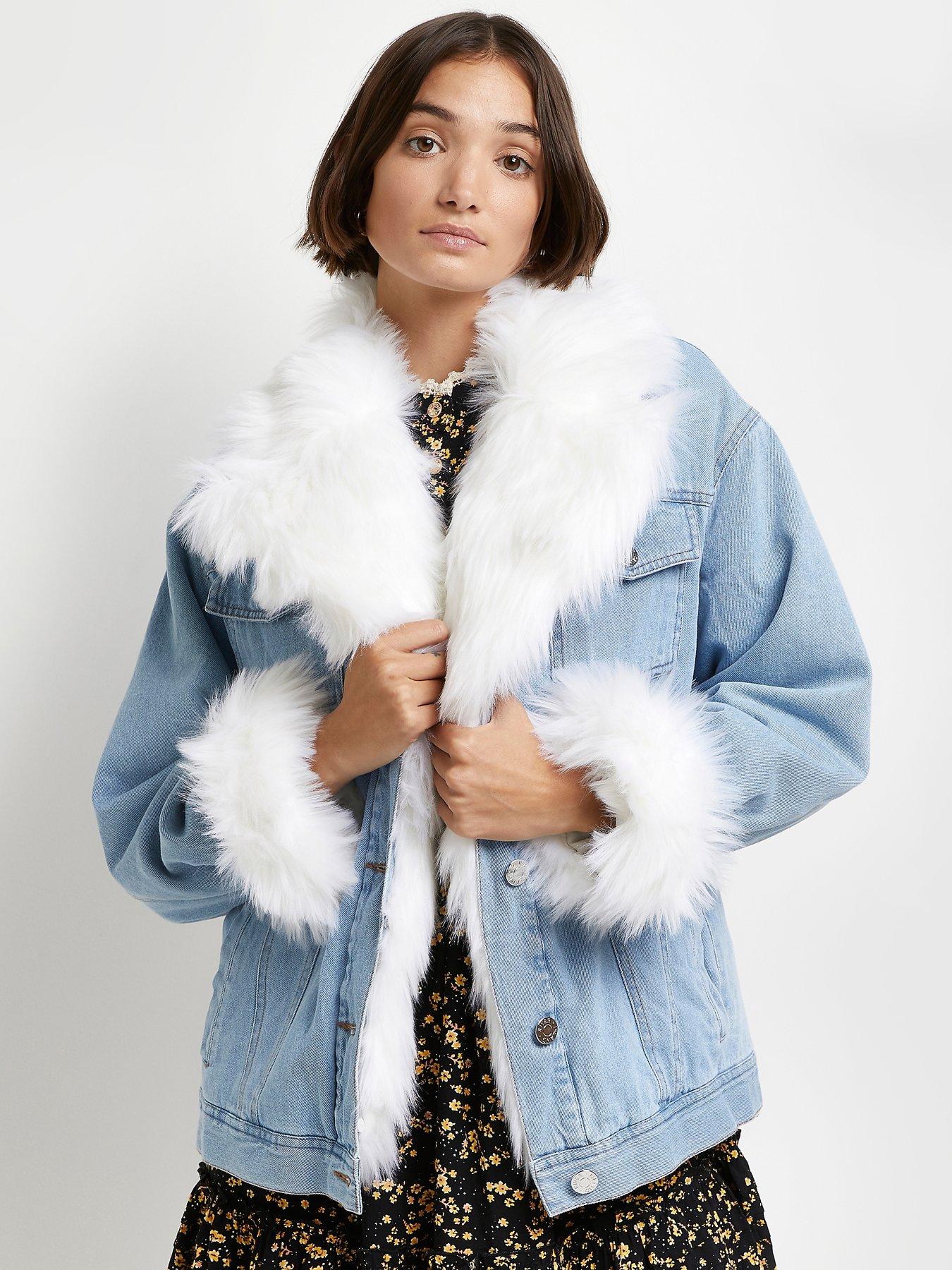 Faux Fur Denim Trucker Jacket Mid Denim
