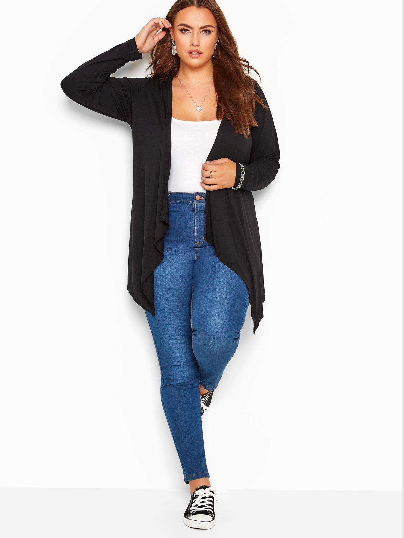 YOURS Plus Size Black Ribbed Midaxi Waterfall Cardigan