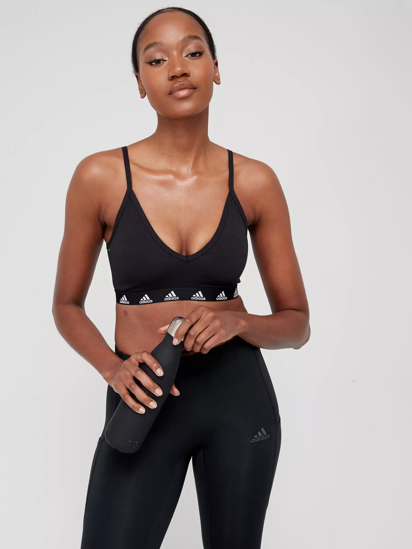 adidas Training 3 Stripe low-support sports bra in black