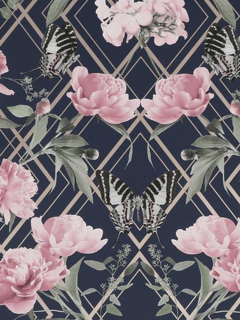 sublime-botanical-trellis-navy-pink-wallpaper