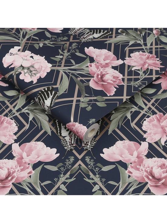 stillFront image of sublime-botanical-trellis-navy-pink-wallpaper