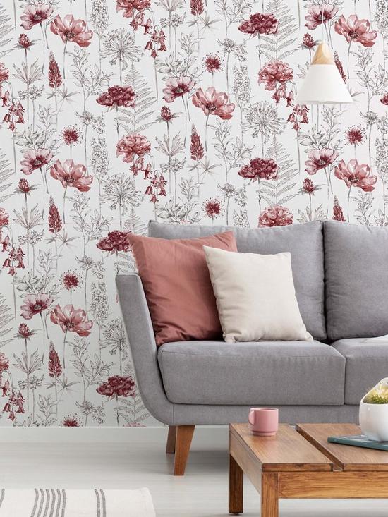 front image of fresco-floral-sketch-red-grey-wallpaper