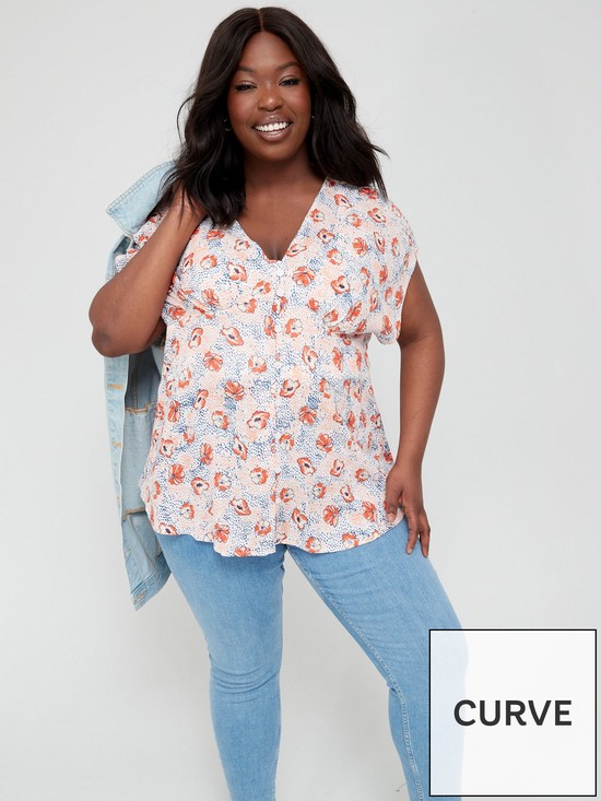 front image of v-by-very-curve-short-sleeve-poppy-print-button-through-blouse-blush