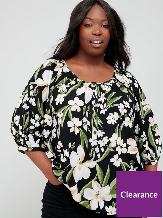 front image of v-by-very-curve-floral-printed-crew-neck-volume-sleeve-top