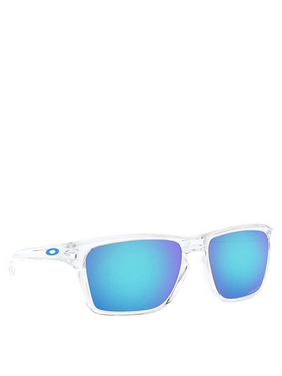 front image of oakley-rectangular-clear-frame-blue-lens-sunglasses