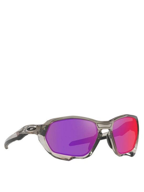 front image of oakley-sport-grey-frame-purple-lens-sunglasses-grey