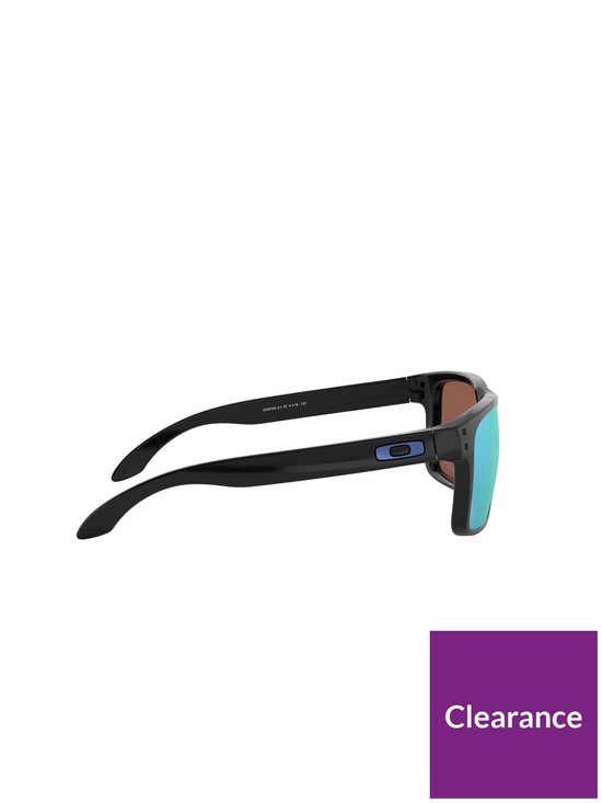 back image of oakley-rectangular-black-frame-blue-lens-sunglasses