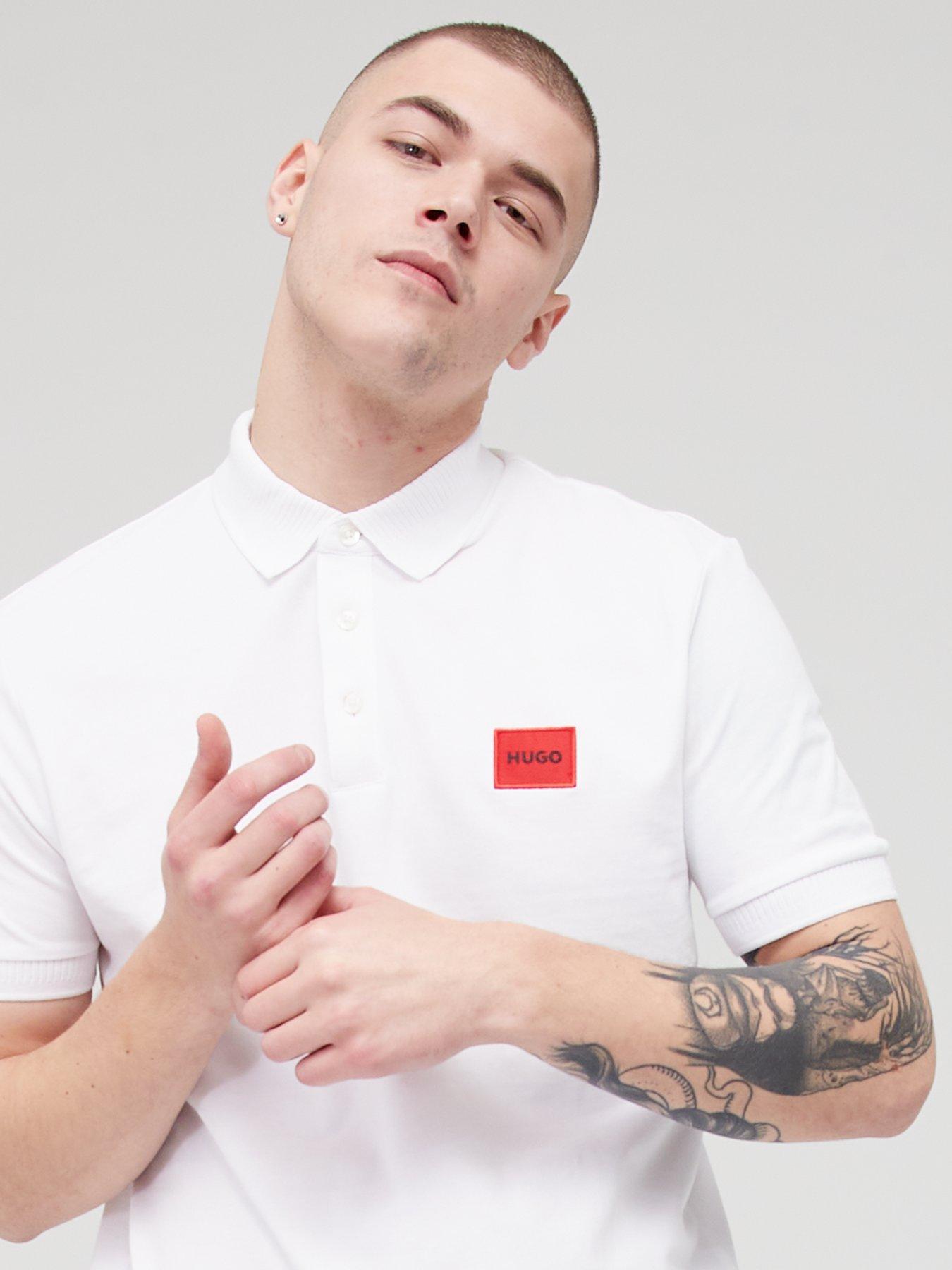 Image 4 of 4 of HUGO Dereso Red Patch Logo Polo Shirt - White