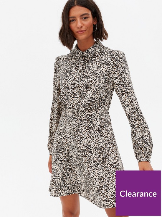 front image of new-look-leopard-print-collared-mini-shirt-dress-brown