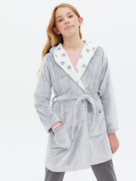 front image of new-look-915-girls-pale-grey-heart-hooded-dressing-gown