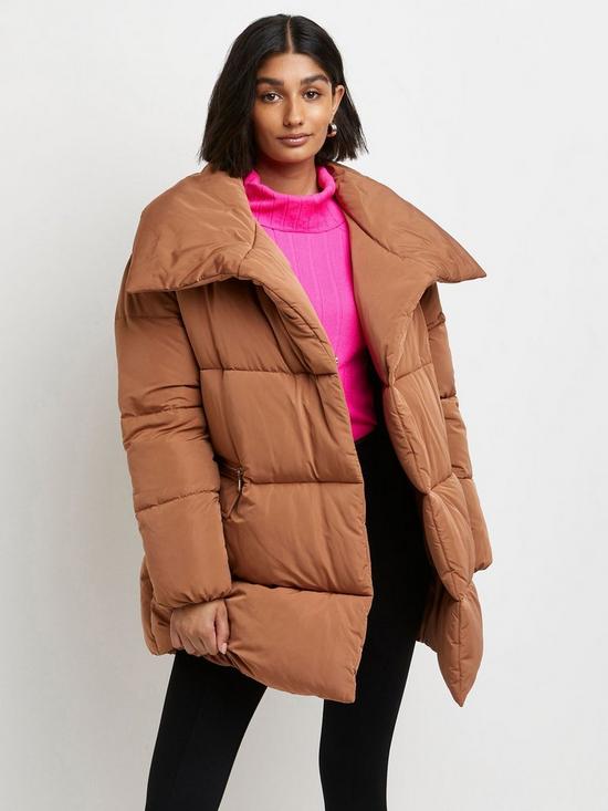 front image of river-island-shawl-padded-short-coat-brownnbsp