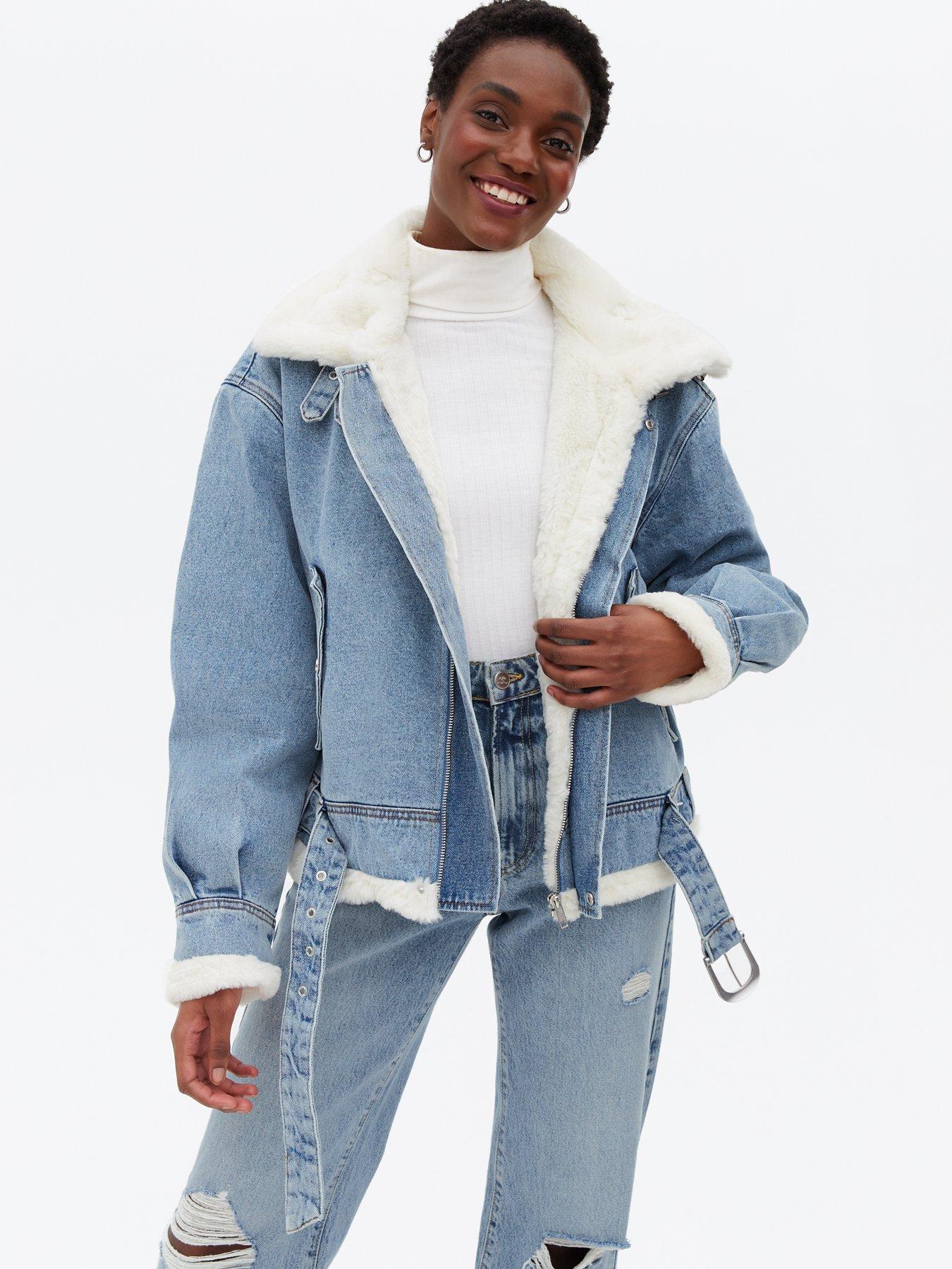 faux fur coat denim