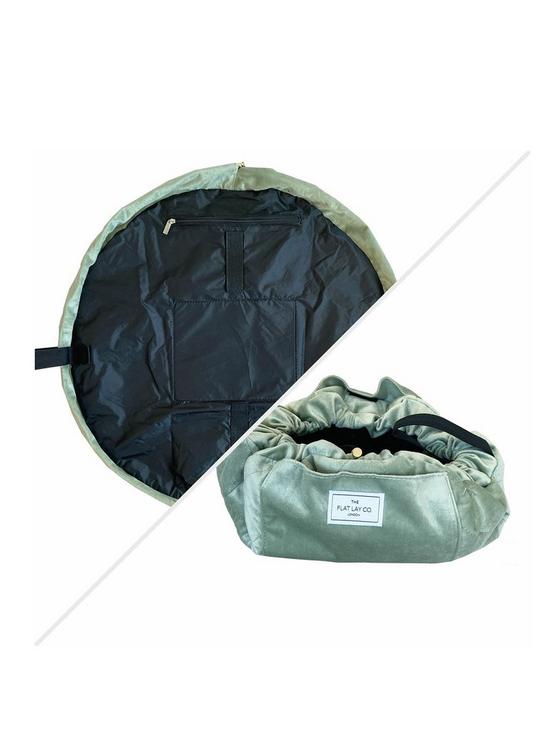 front image of the-flat-lay-co-sage-green-velvet-open-flat-makeup-bag