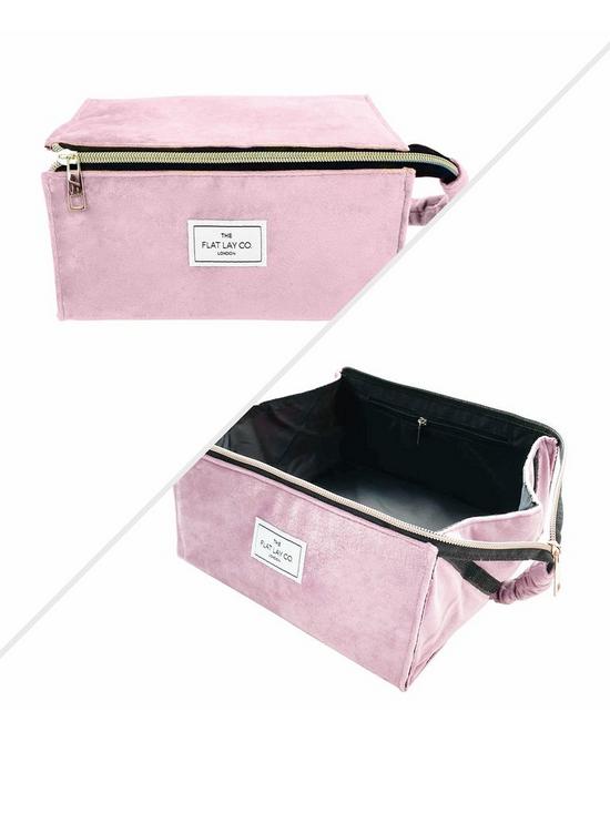 front image of the-flat-lay-co-pink-velvet-open-flat-makeup-box