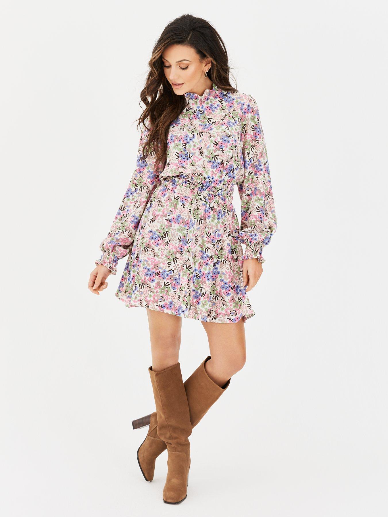 michelle keegan high neck printed mini dress