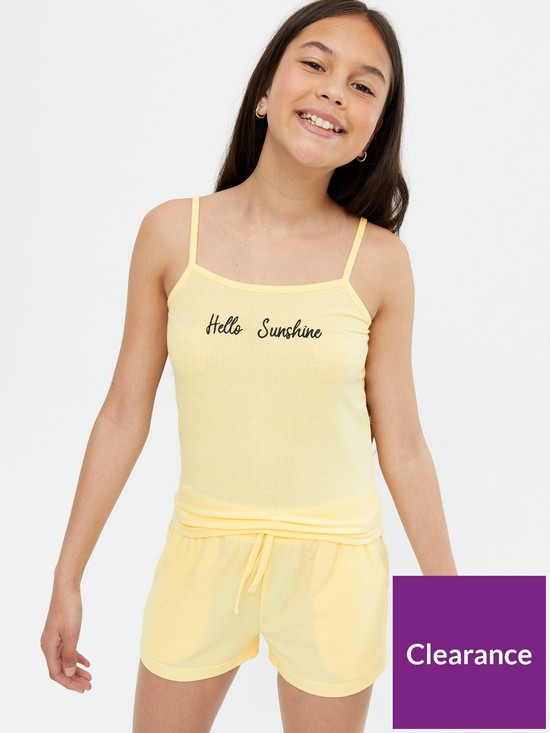 front image of new-look-915-girlsnbsphello-sunshine-logo-short-pyjama-set-pale-yellownbsp