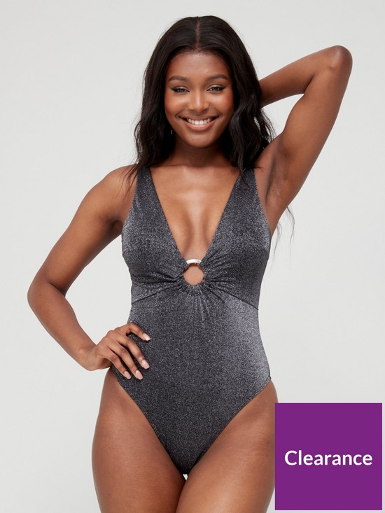 front image of v-by-very-shape-enhancing-plunge-ring-detail-swimsuit-shimmer-black