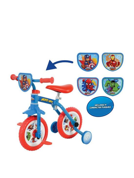 front image of marvel-avengers-switch-it-2-in-1-10-training-bike