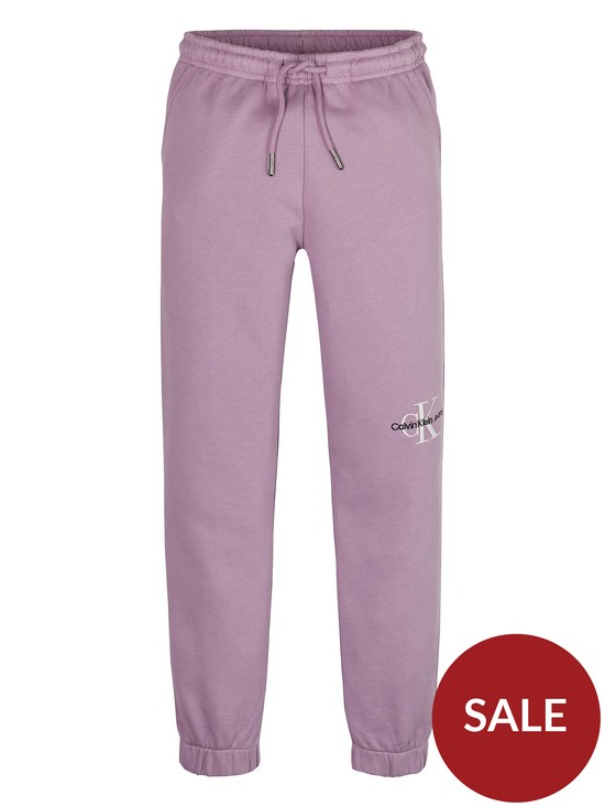 front image of calvin-klein-jeans-girls-monogram-off-placed-sweatpants-dusky-orchid