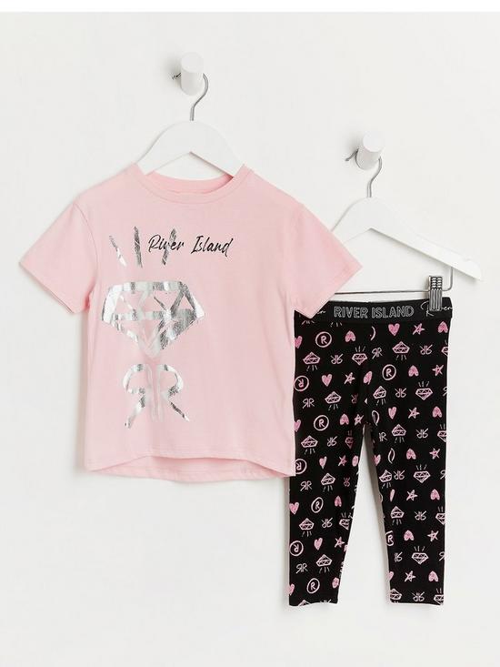 front image of river-island-mini-mini-girls-printed-legging-and-tshirt-set-pink