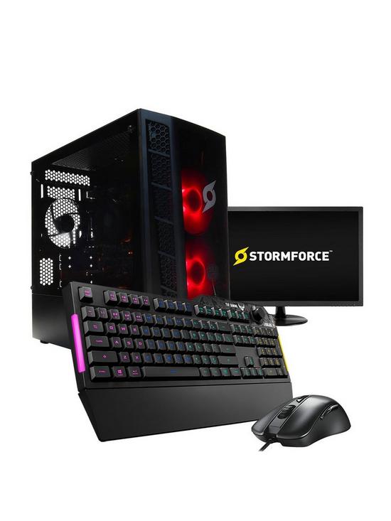 front image of stormforce-i3-10100f-gaming-pc-intel-i3-gtx-1650-8gb-ram-240gb-ssd-1tb-hdd-24in-monitor-keyboard-amp-mouse