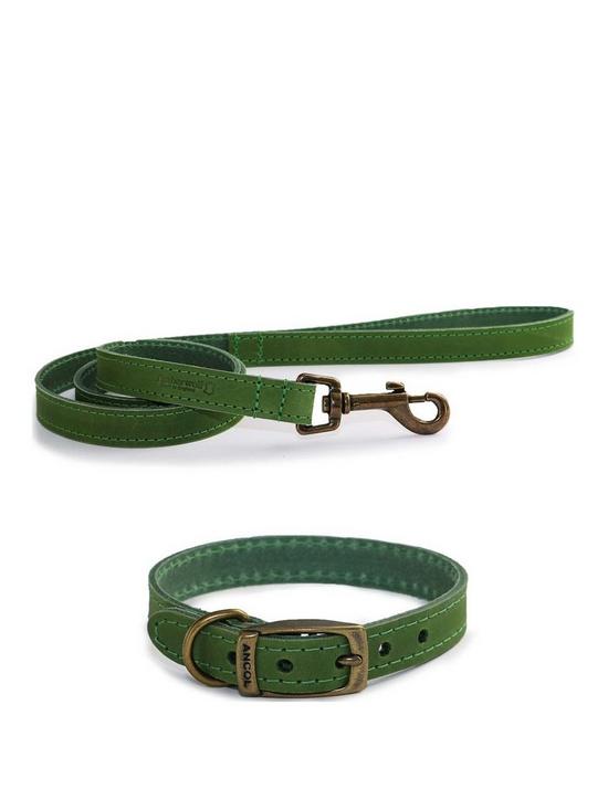 front image of ancol-timberwolf-leather-collar-green-45-54cm-size-6-and-timberwolf-leather-lead-green-1mx19mm