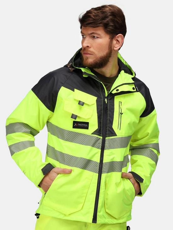 front image of regatta-professional-workwear-tactical-hi-vis-jacket-yellow