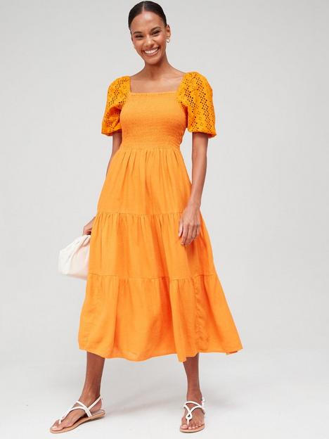 v-by-very-broderie-sleeve-linen-midi-dress-orange