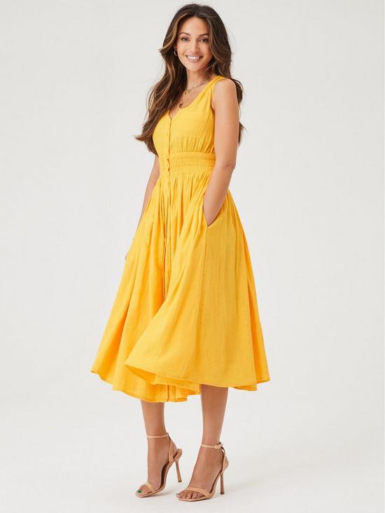 front image of michelle-keegan-linen-button-through-midi-dress-yellow