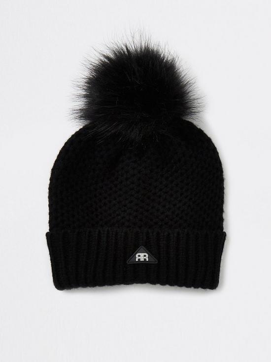 front image of river-island-waffle-pom-beanie-hat-black