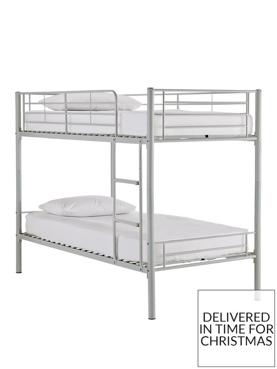 front image of very-home-domino-metal-bunk-bed-frame-with-mattress-options-ladder-and-guard-rail-on-top-bunk