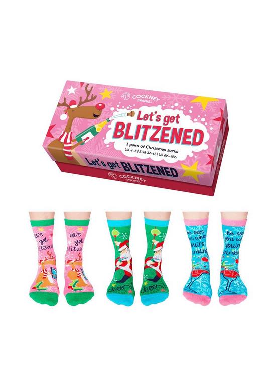 front image of cockney-spaniel-lets-get-blitzened-christmas-socks
